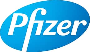 Pfizer logo in blue oval with white lettering representing global pharmaceutical and biotechnology company brand