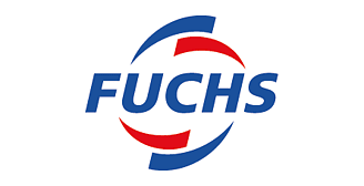 FUCHS logo featuring bold blue “FUCHS” lettering with red and blue curved swooshes forming a circular design around the brand name on a light background