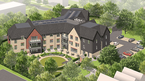 A bird's-eye view of a modern, multi-story building with a landscaped courtyard, surrounded by greenery and parking spaces.