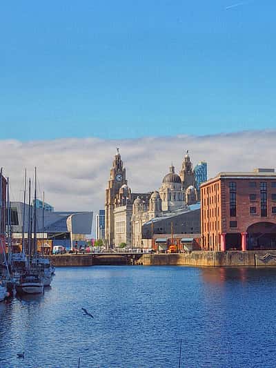The historic Albert Dock in Merseyside, with its red brick warehouses and the iconic Liver Building in the background.