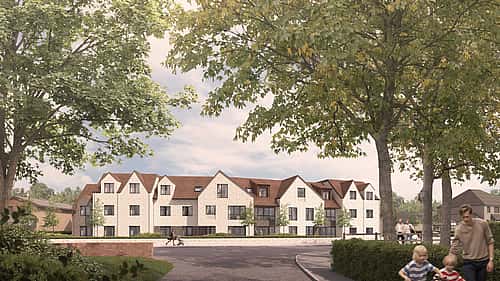 A peaceful residential area with modern townhouses, surrounded by greenery, with families enjoying a walk.