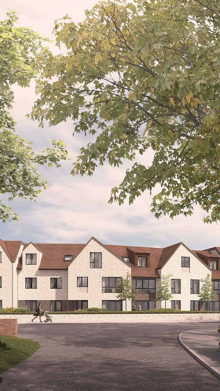 A peaceful residential area with modern townhouses, surrounded by greenery, with families enjoying a walk.