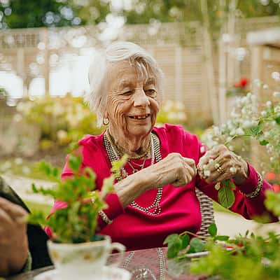 An elderly woman smiling and working with plants in a garden, with a cup of tea nearby