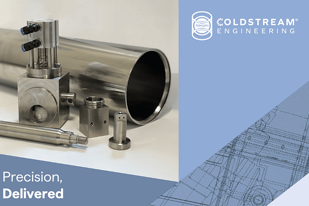 Coldstream Engineering shortform 4 pager brochure, with an image of multiple metal machined parts displayed on a white background. Various shades of blue and grey colour boxes extend across the image, with a white Coldstream Engineering logo in the top, near centre, and the slogan 'Precision Delivered' in the bottom left corner, in white text
