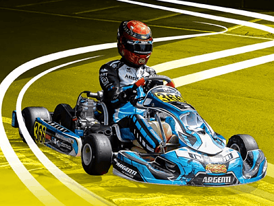 Kart racer in a blue kart drives across a stylised yellow track graphic.