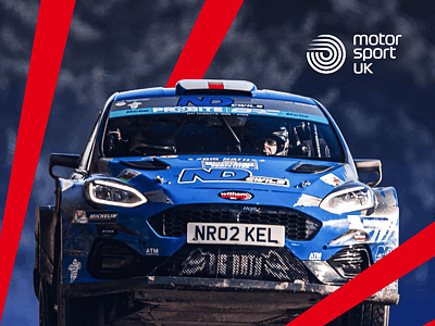 Blue rally car shown head-on with Motorsport UK branding and red graphic overlays.