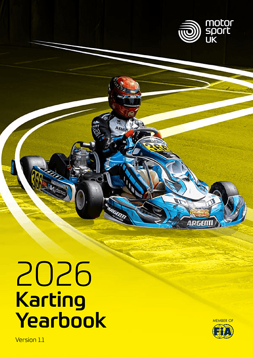 Cover of the 2026 Motorsport UK Karting Yearbook, featuring a kart racer on a stylised yellow track graphic.