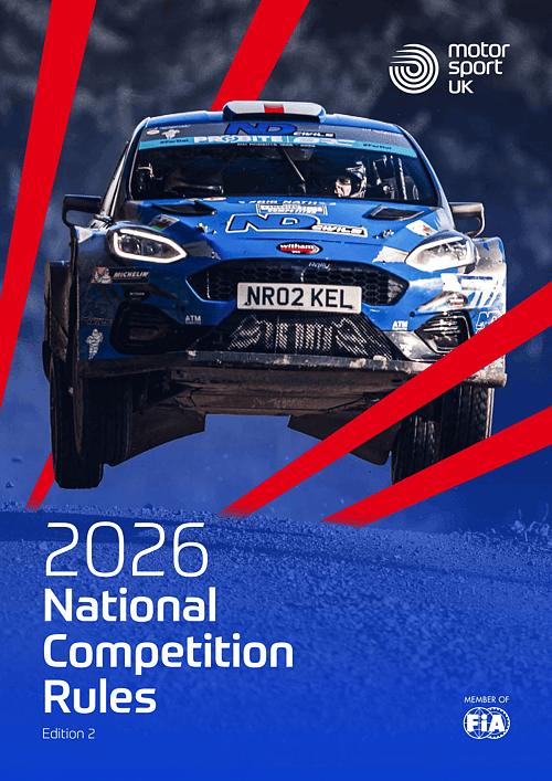 Cover of the 2026 Motorsport UK National Competition Rules, featuring a blue rally car and red graphic overlays.