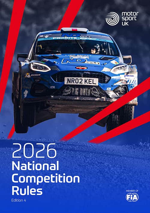 Blue rally car shown head-on with Motorsport UK branding and red graphic overlays.