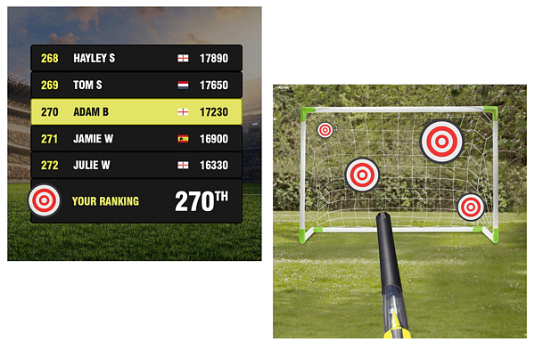 Screenshot of a leaderboard and football net with targets