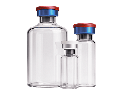 Glass jars with white, blue and red caps.