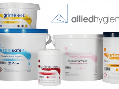 a selection of Allied Hygiene products, of tubs or varying sizes with the Allied Hygiene logo in the top corner