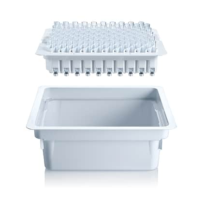 A nest filled with glass cartridges shown suspended over a white bathtub.