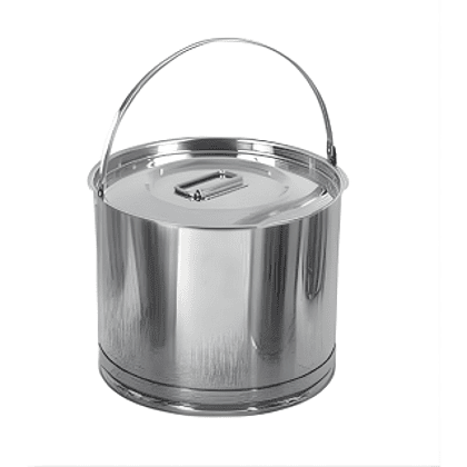Stainless steel bucket with secure lid and carry handle on a clean background, highlighting hygienic storage and handling for pharmaceutical or cosmetic formulation in controlled environments.