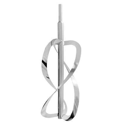 Stainless steel spiral stirrer attachment with helical mixing blades on a clean background, highlighting hygienic mixing tool for pharmaceutical or cosmetic formulation in controlled environments.