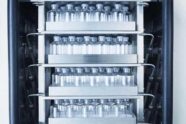 Freeze dryer shelves filled with stoppered vials.
