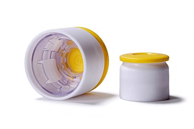 RayDyLyo push fit caps with yellow flip-off tops.