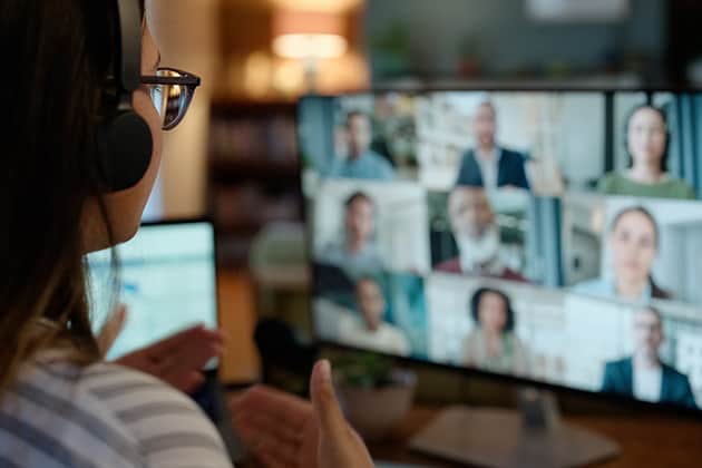Woman, video call and conference or virtual meeting on screen discussion at home office, collage or webinar. Female person, headphones and group diversity in London or presentation, talk or online