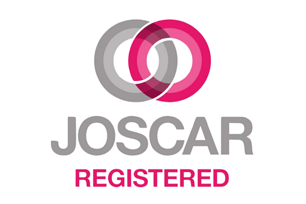 The JOSCAR logo. This is two circles one grey one pink merging together and underneath JOSCAR registered is written underneath.