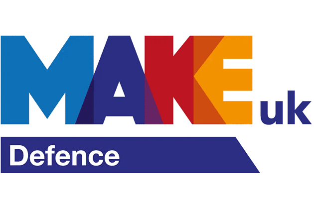 The Make UK Defence logo. This logo is made up of different coloured letters light blue, navy, red and orange which spell out Make. Next to Make UK sits next to it in a navy coloured underneath the all of that is a blue bar which has white writing on.