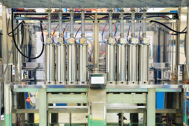 A view from the back of an Adelphi Masterfil Volumetric Fille, there are 8 volumetric canisters showing out the back of the machine.