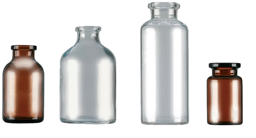 Cuatro viales de vidrio con cuello engarzado: dos de vidrio ámbar, dos de vidrio transparente.