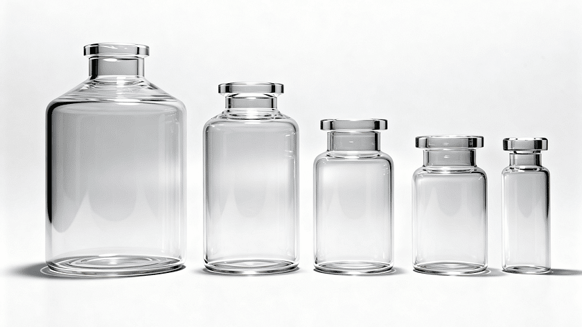 A row of clear glass injection vials.