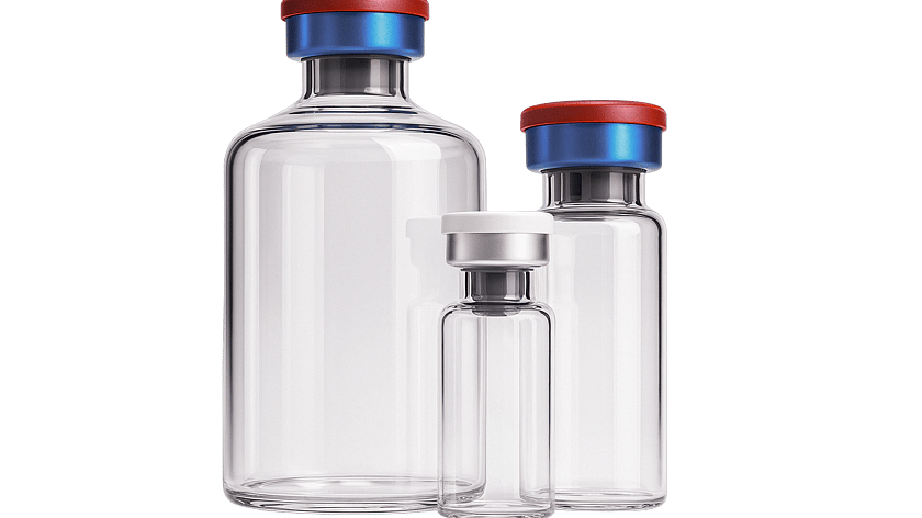 Glass jars with white, blue and red caps.
