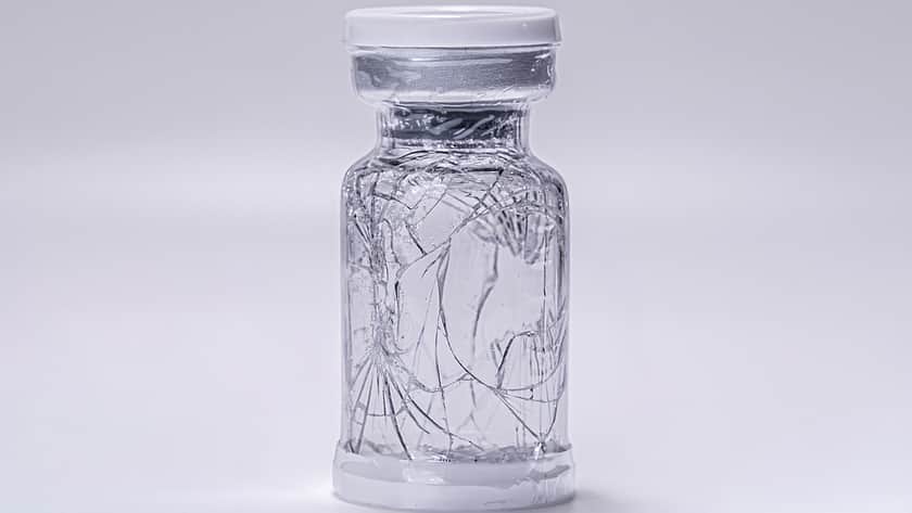 Ein zerbrochenes Glasfläschchen in einer schützenden, durchsichtigen Hülle.
