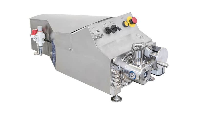 Industrial stainless steel machine with sanitary fittings, variable speed controls, and emergency stop system for food, beverage, pharmaceutical, and cosmetic processing applications.