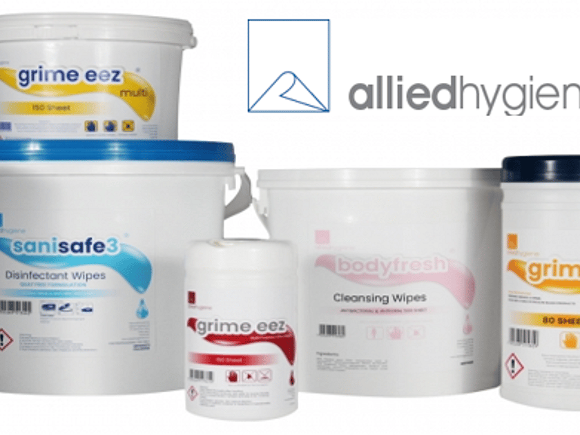 a selection of Allied Hygiene products, of tubs or varying sizes with the Allied Hygiene logo in the top corner