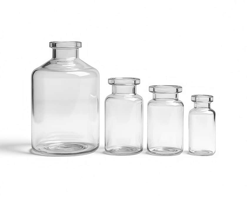 A row of clear crimp neck vials of differing sizes.