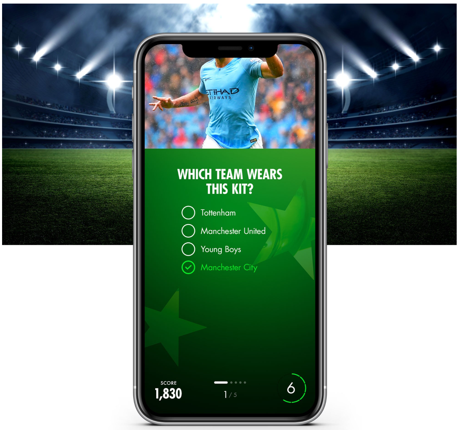 Image of a football quiz on a mobile phone