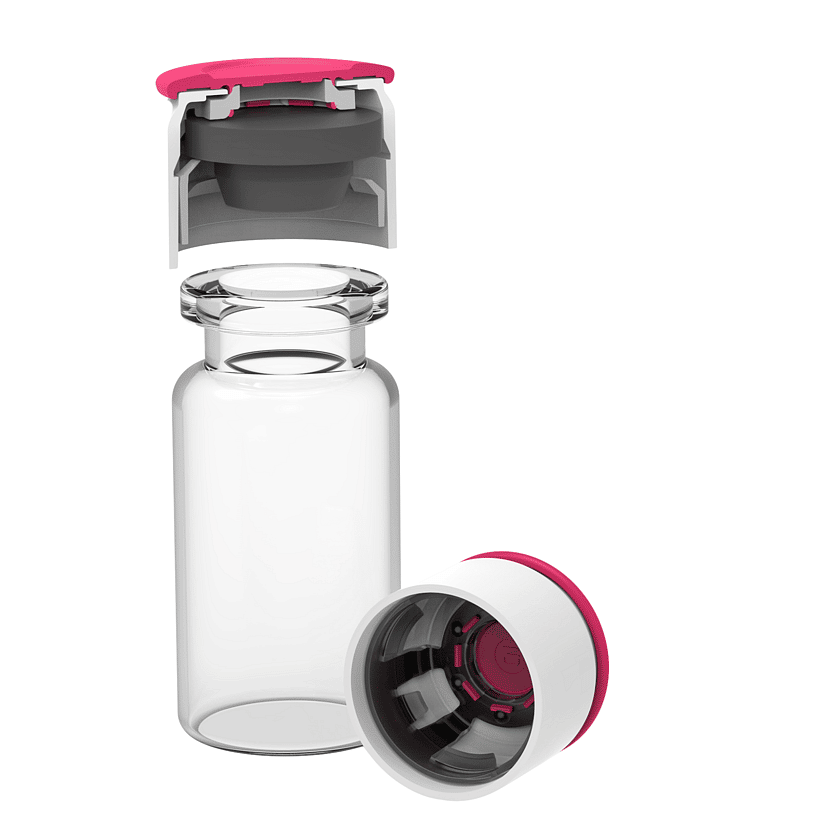 A class container with a red cap.