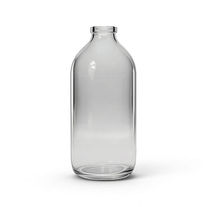 Une grande bouteille de perfusion en verre avec un col serti.