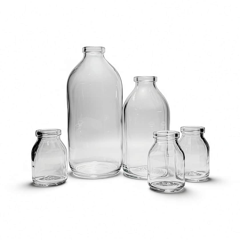 Une collection de flacons à perfusion en verre transparent de différentes tailles.
