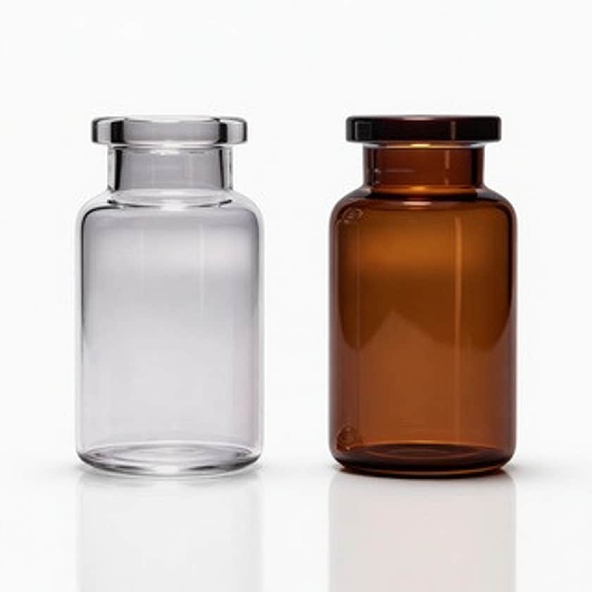 A clear and an amber 10ml tubular glass vial stood side-by-side.