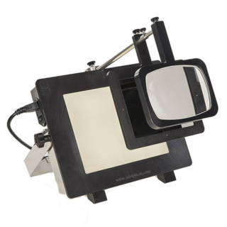 Adjustable laboratory inspection unit with illuminated viewing panel and magnifying lens arm, designed for detailed visual inspection and quality control of glass vials and ampoules in pharmaceutical environments.