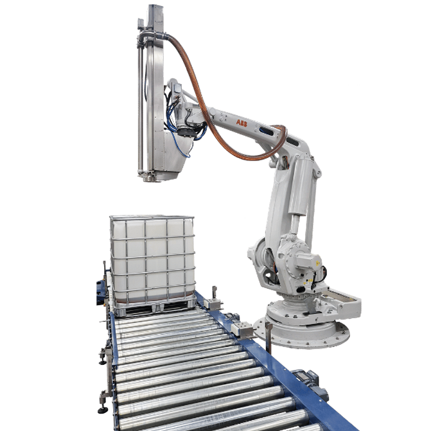 Robotic IBC filling machine with articulated robot arm and conveyor system for automated bulk liquid filling in food, beverage, chemical, and industrial manufacturing.