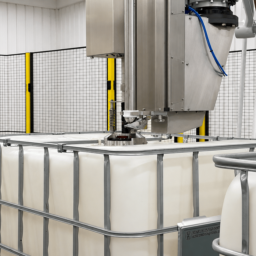 Industrial liquid filling machine for sauces and food products filling an IBC container in a manufacturing environment.