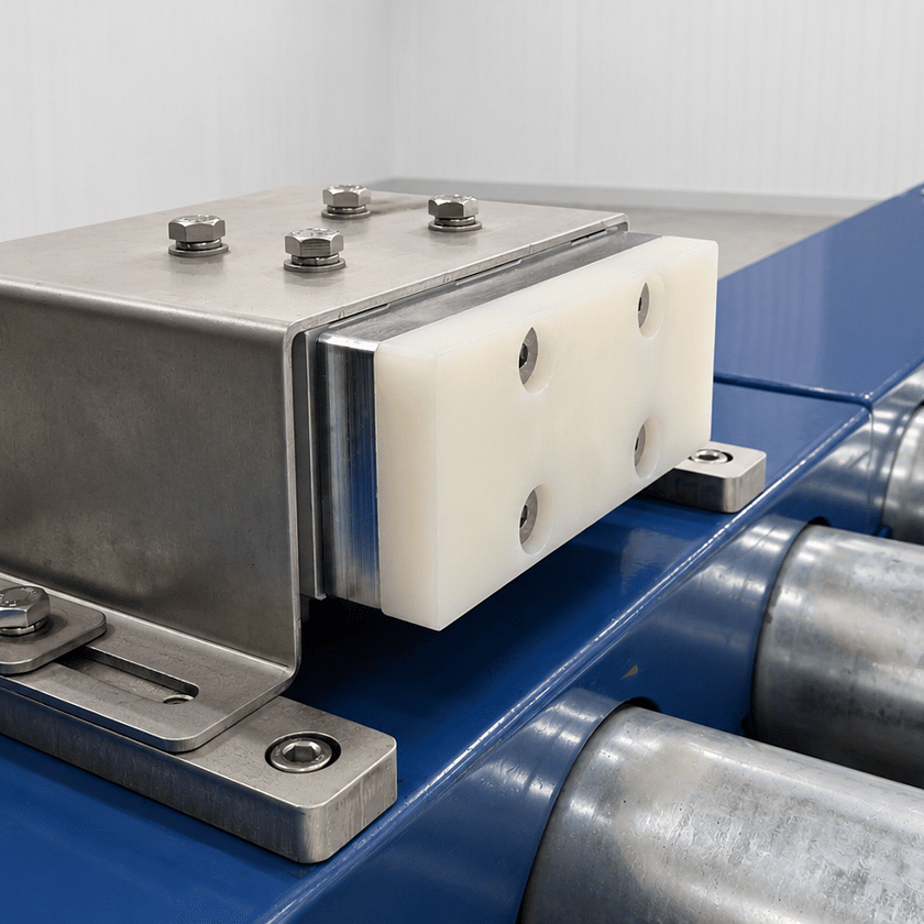 Conveyor-mounted positioning sensor on an automated IBC filling line, ensuring accurate container alignment for high-precision bulk liquid filling operations.
