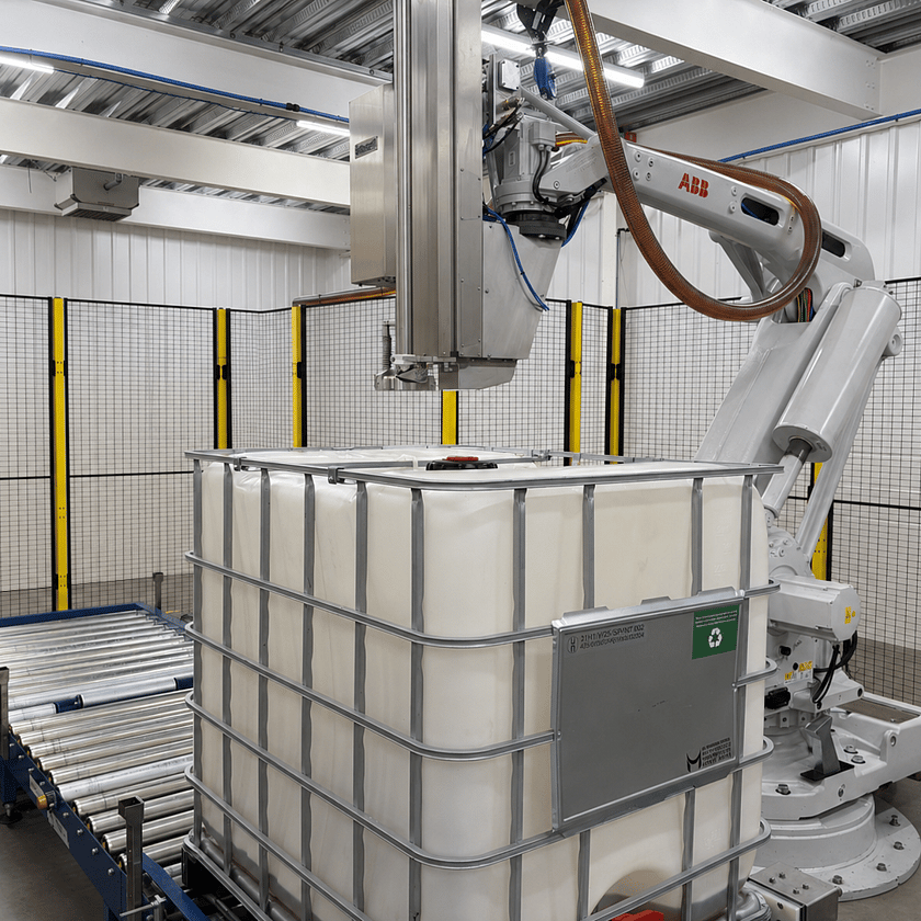 Robotic filling system automatically dispensing liquid product into an IBC container in a modern food and beverage manufacturing facility, supporting high-capacity industrial production.