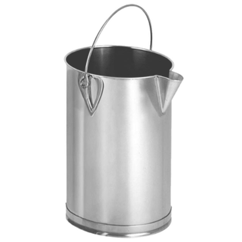 Stainless steel container with handle on a clean background, highlighting hygienic vessel design for pharmaceutical or cosmetic formulation and controlled processing environments.