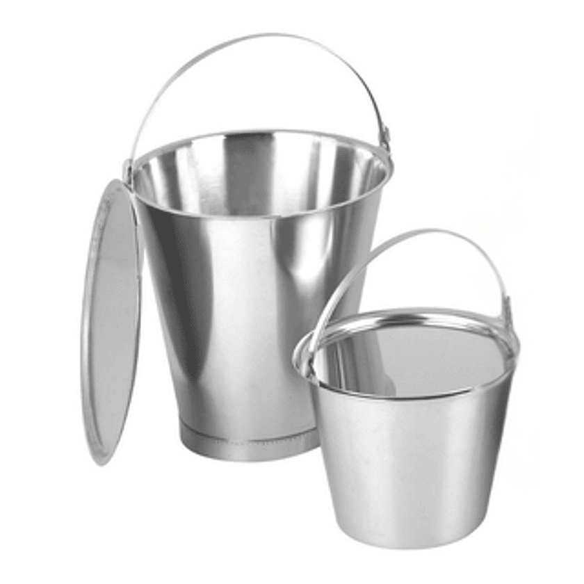 Set of stainless steel mixing buckets with handles and lid on a clean background, highlighting hygienic containers for pharmaceutical or cosmetic formulation and controlled processing environments.