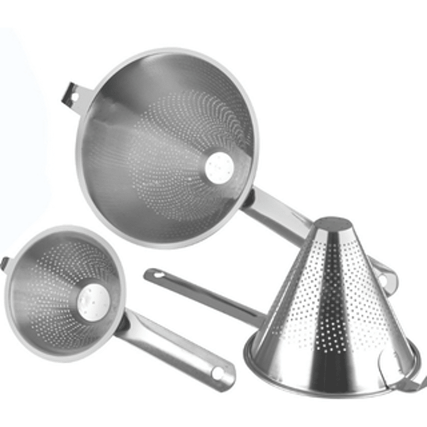 Set of stainless steel laboratory sieves and conical strainer with perforated surfaces on a clean background, highlighting hygienic filtration, pharmaceutical or cosmetic processing, and controlled laboratory equipment.