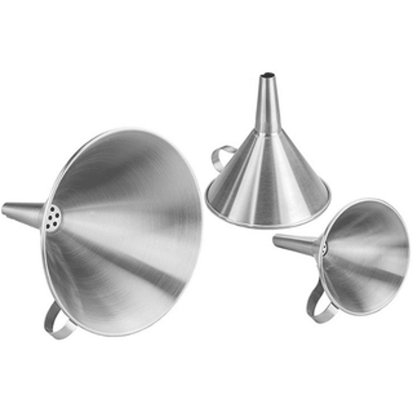 Set of stainless steel funnels with integrated strainers in various sizes on a clean background, highlighting hygienic filtration, pharmaceutical or cosmetic processing, and laboratory equipment.