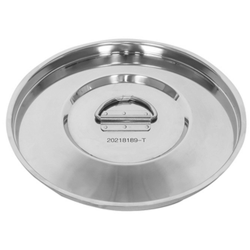 Stainless steel lid with central handle and gasket seal on a clean background, highlighting hygienic closure for pharmaceutical or cosmetic mixing vessels in controlled environments.