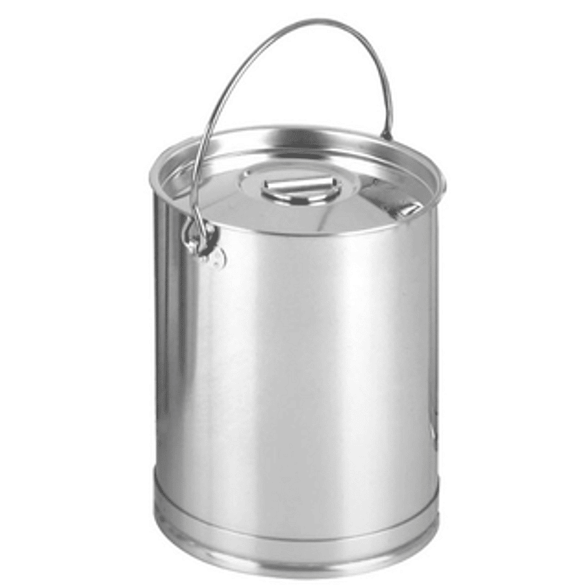Stainless steel pail with handle and sealed lid on a clean background, highlighting hygienic storage and transport for pharmaceutical or cosmetic processing in controlled environments.