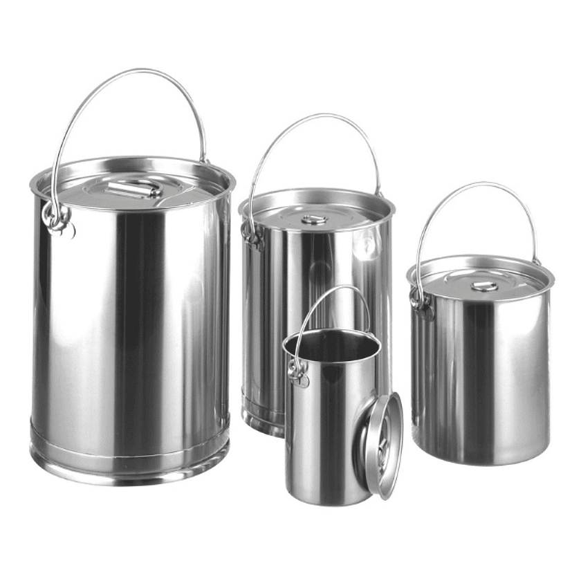 Set of stainless steel mixing containers with handles and lids in multiple sizes on a clean background, highlighting hygienic vessels for pharmaceutical or cosmetic formulation and controlled processing environments.