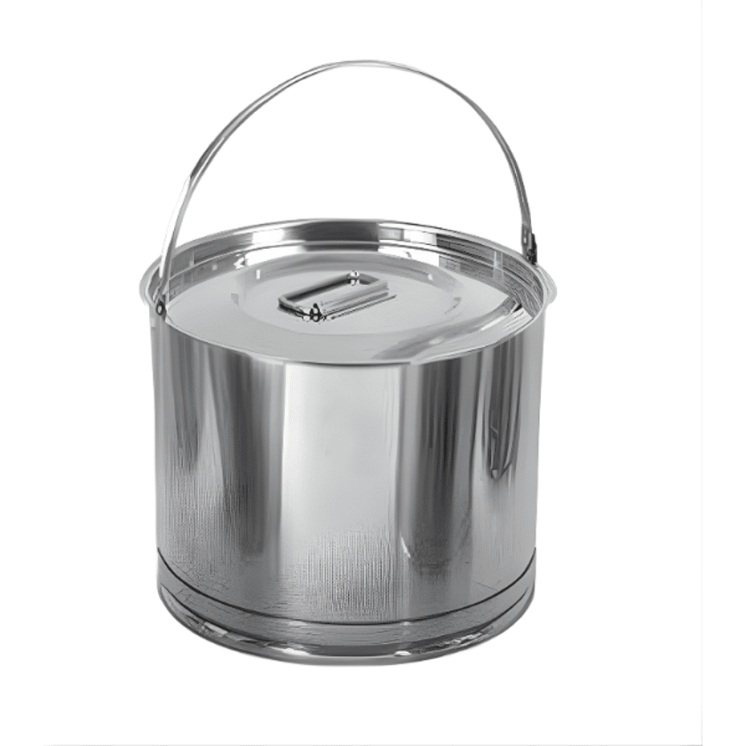 Stainless steel bucket with secure lid and carry handle on a clean background, highlighting hygienic storage and handling for pharmaceutical or cosmetic formulation in controlled environments.